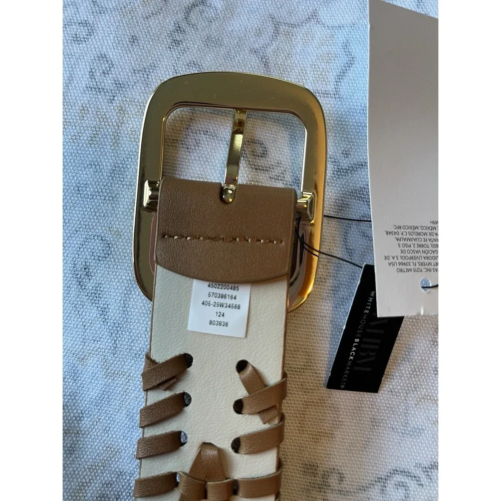 White House Black‎ Market Faux Leather Woven Belt S/P Gold Tone Buckle Vachetta